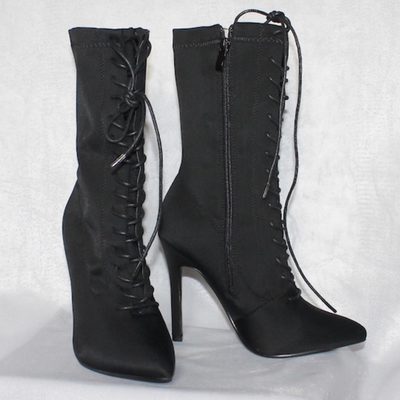 Black Lace-Up Heeled Calf Boot - Picture 1 of 6